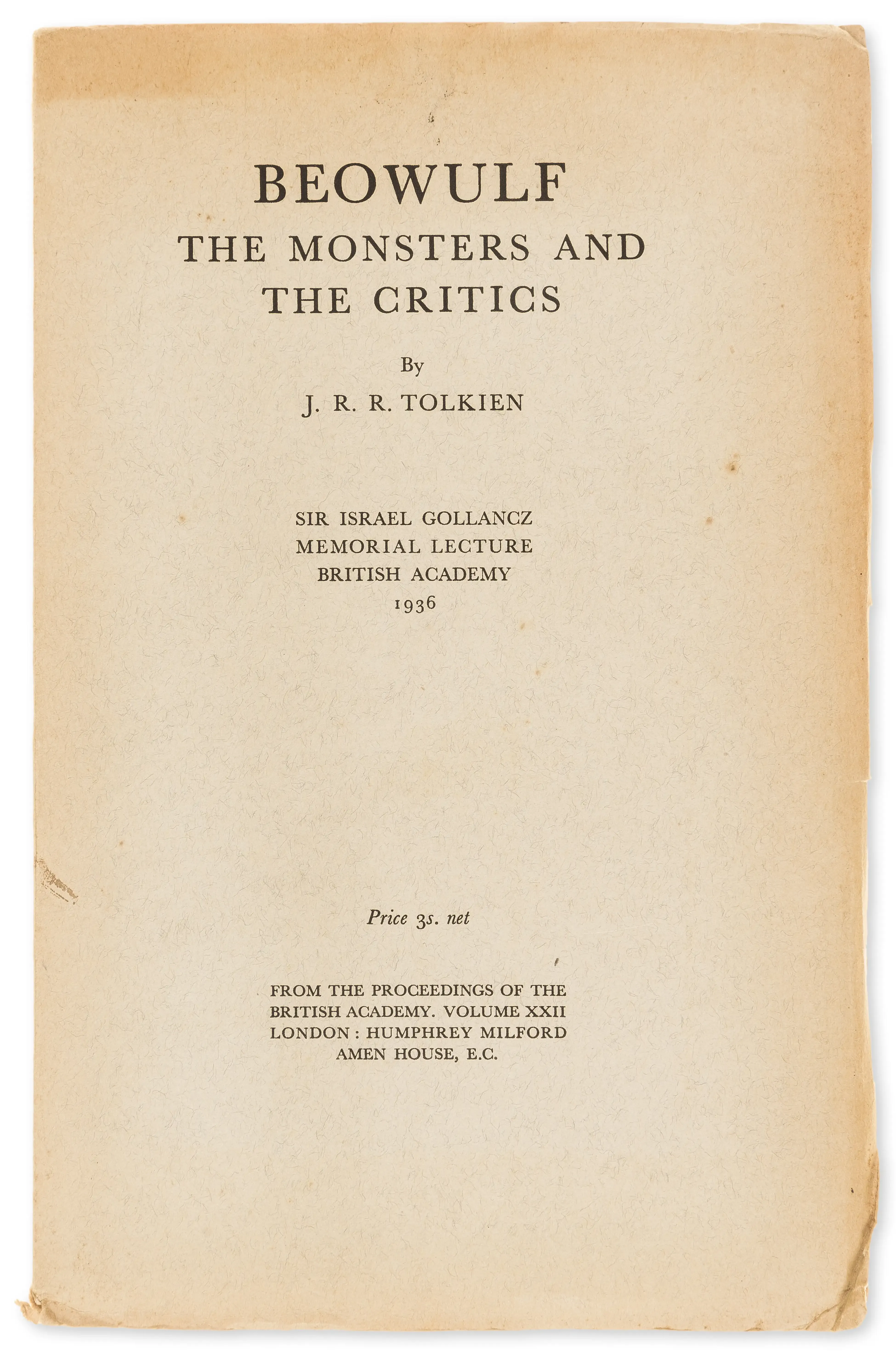 Beowulf: The Monsters and the Critics | Édition originale