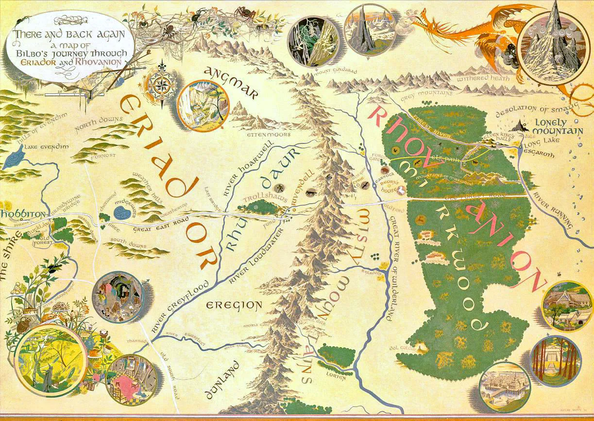 Pauline Diana Baynes | There and Back Again –  a map of Bilbo's journey through Eriador and Rhovanion (Aller et Retour – Une carte du voyage de Bilbo en Eriador et Rhovanion)