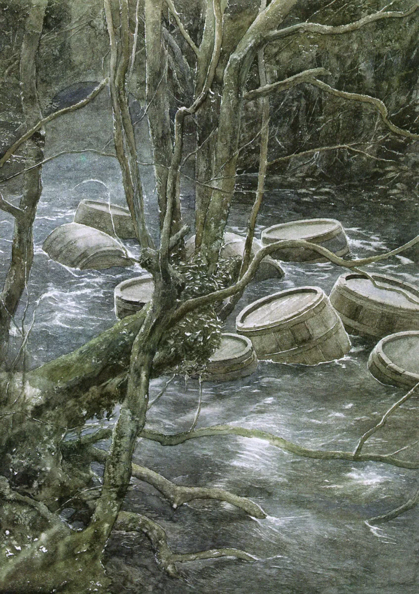 Alan Lee | Le Hobbit |  Escape by barrels