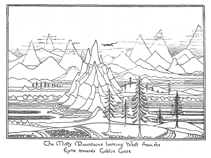 J.R.R. Tolkien | Le Hobbit | The Misty Mountains looking West from the Eyrie towards Goblin Gate