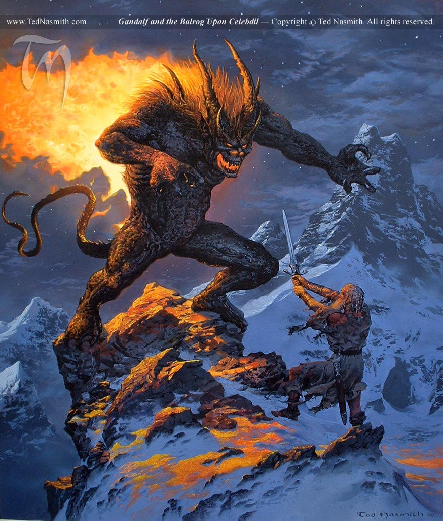 Ted Nasmith | Le Seigneur des Anneaux | Gandalf and the Balrog Upon Celebdil