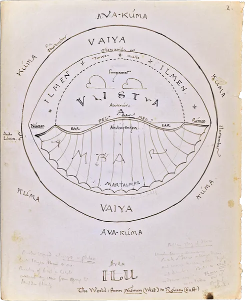 Carte du Monde d'Ouest en Est (The World: from Númen (West) to Rómen (East)), par John Ronald Reuel Tolkien.