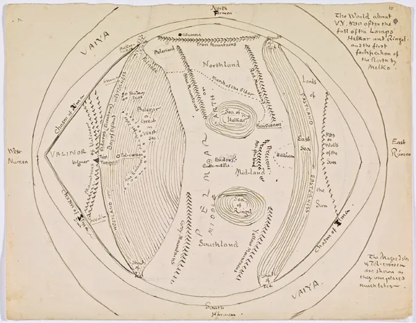 Carte du Monde après la chute des Lampes (The World after the fall of the Lamps), par Tolkien.