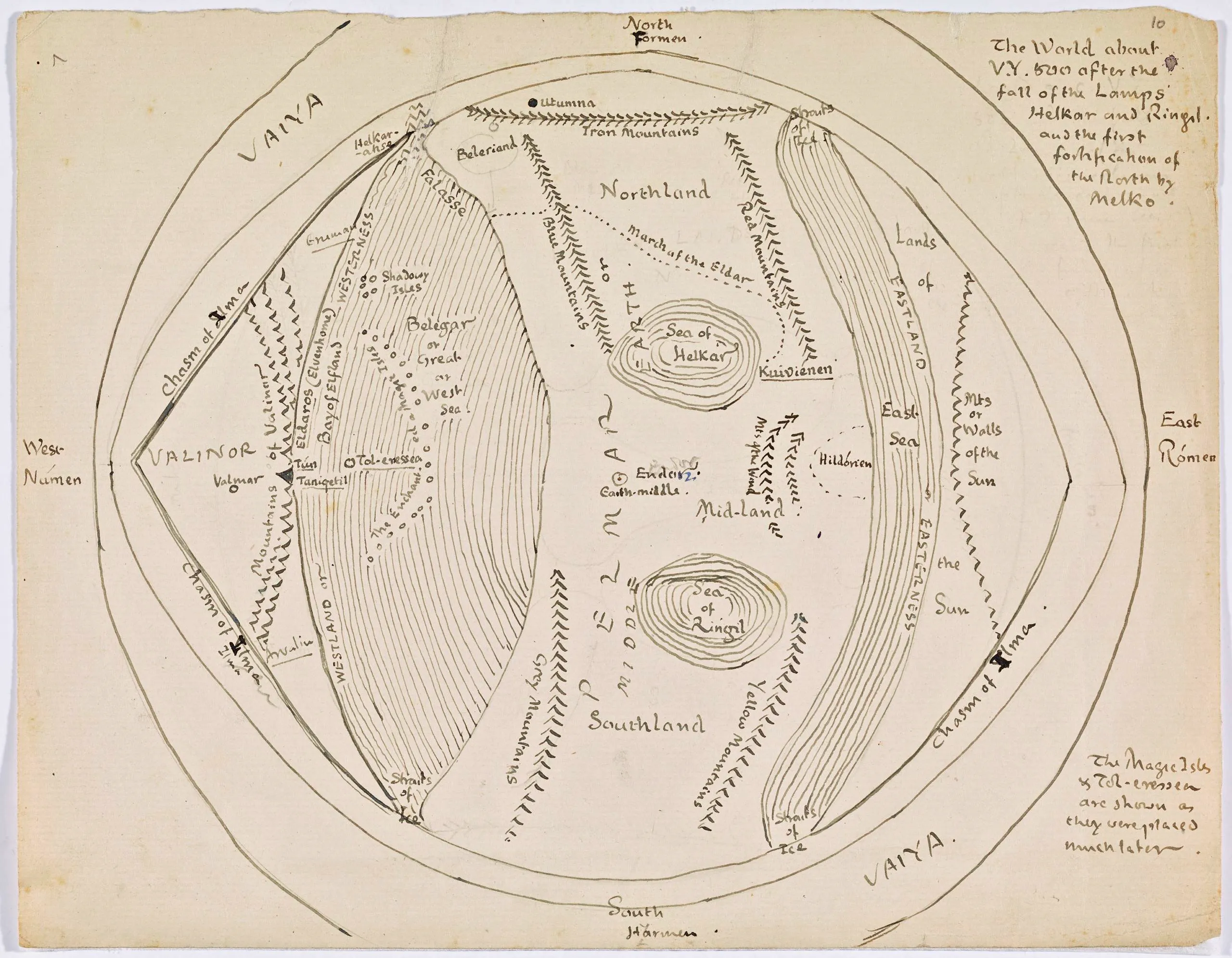 Carte du Monde après la chute des Lampes (The World after the fall of the Lamps), par Tolkien.