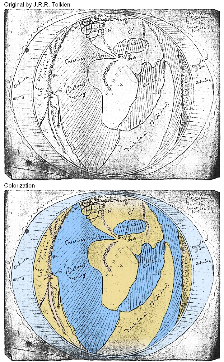 Carte d'Arda au premier âge (Arda at the first age), par John Ronald Reuel Tolkien.