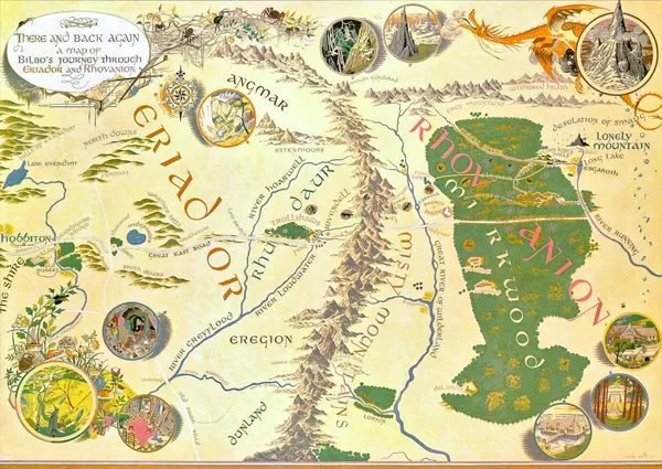 Aller et Retour – Une carte du voyage de Bilbo en Eriador et Rhovanion (There and Back Again – a map of Bilbo's journey through Eriador and Rhovanion), par Pauline Diana Baynes.