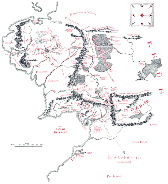 Carte de la Terre du Milieu (Middle-earth), par Christopher Tolkien, parue dans le roman Le Seigneur des Anneaux – La Fraternité de l'Anneau (The Lord of the Rings – The Fellowship of the Ring), pour la première édition anglaise de 1954 chez Georges Allen and Unwin.