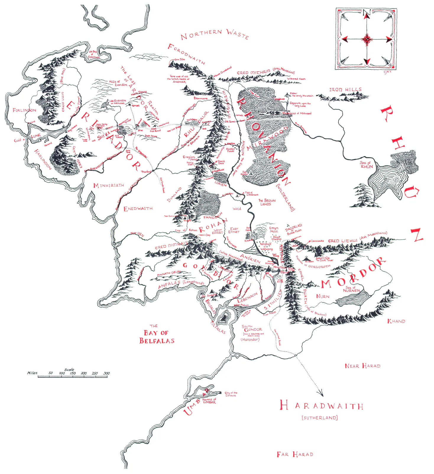 Carte de la Terre du Milieu (Middle-earth), par Christopher Tolkien, parue dans le roman Le Seigneur des Anneaux – La Fraternité de l'Anneau (The Lord of the Rings – The Fellowship of the Ring), pour la première édition anglaise de 1954 chez Georges Allen and Unwin.