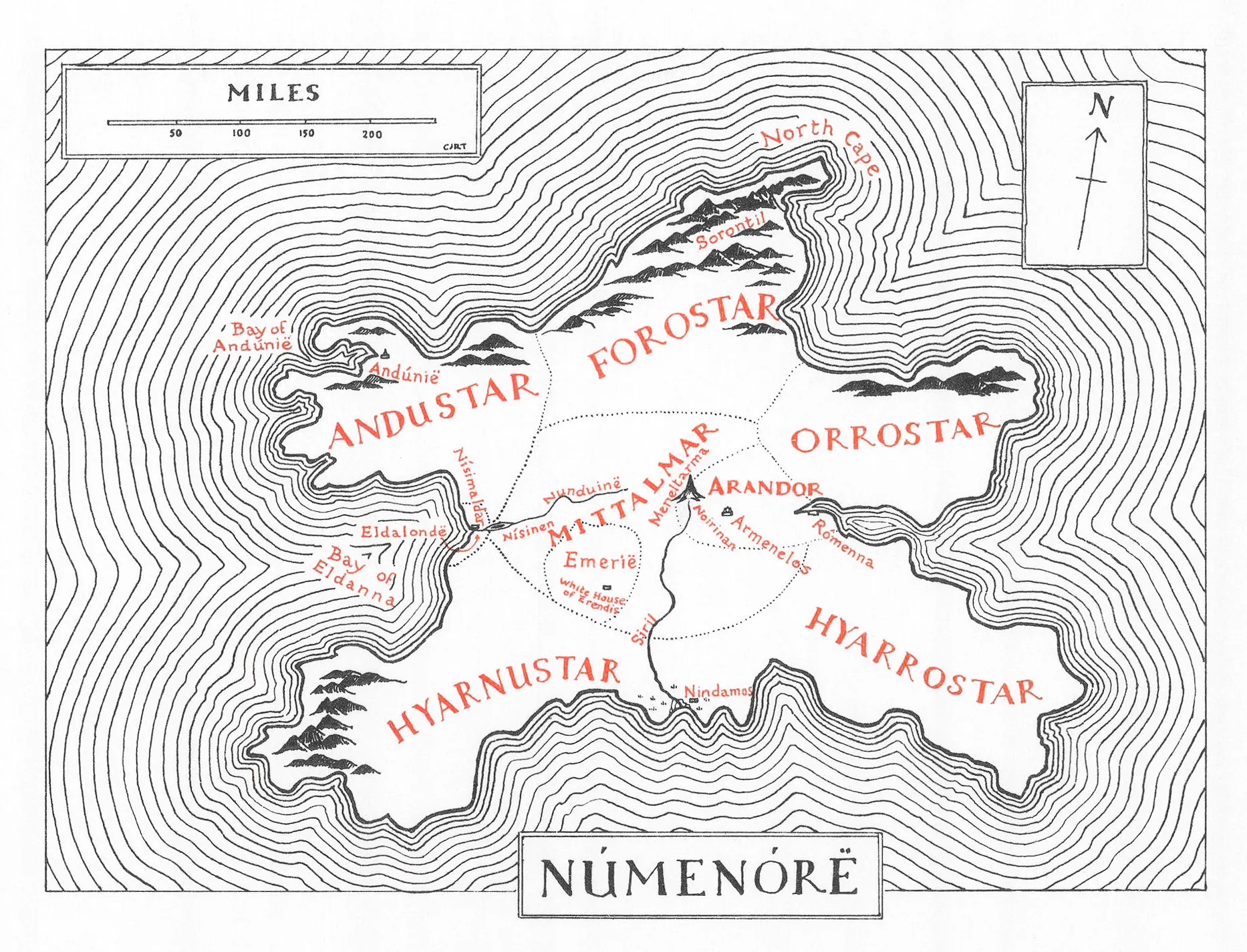Carte de Númenor, par Christopher Tolkien, parue dans le roman Le Silmarillion (The Silmarillion), pour la première édition anglaise de 1977 chez Georges Allen and Unwin.