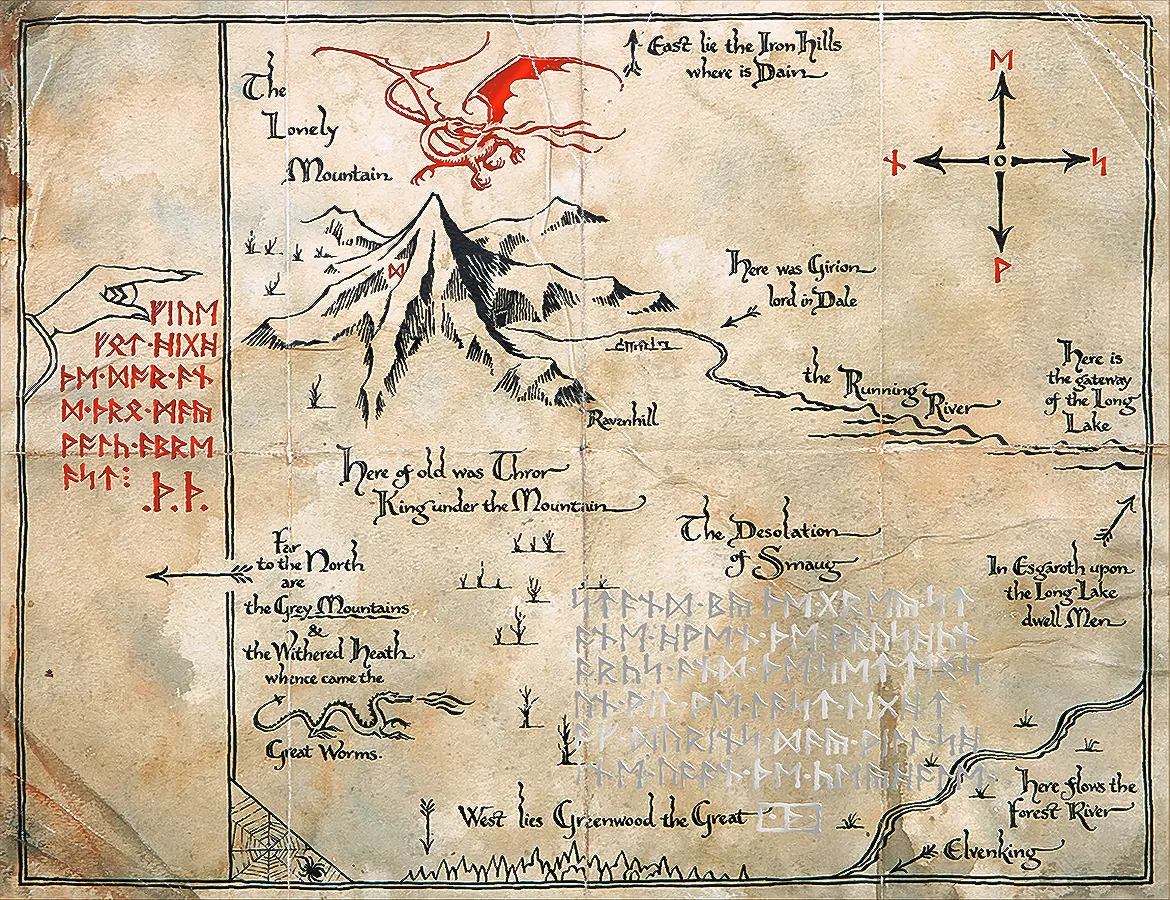 Carte de Thrór (Thrór's map) avec runes révélées par la lumière lunaire.