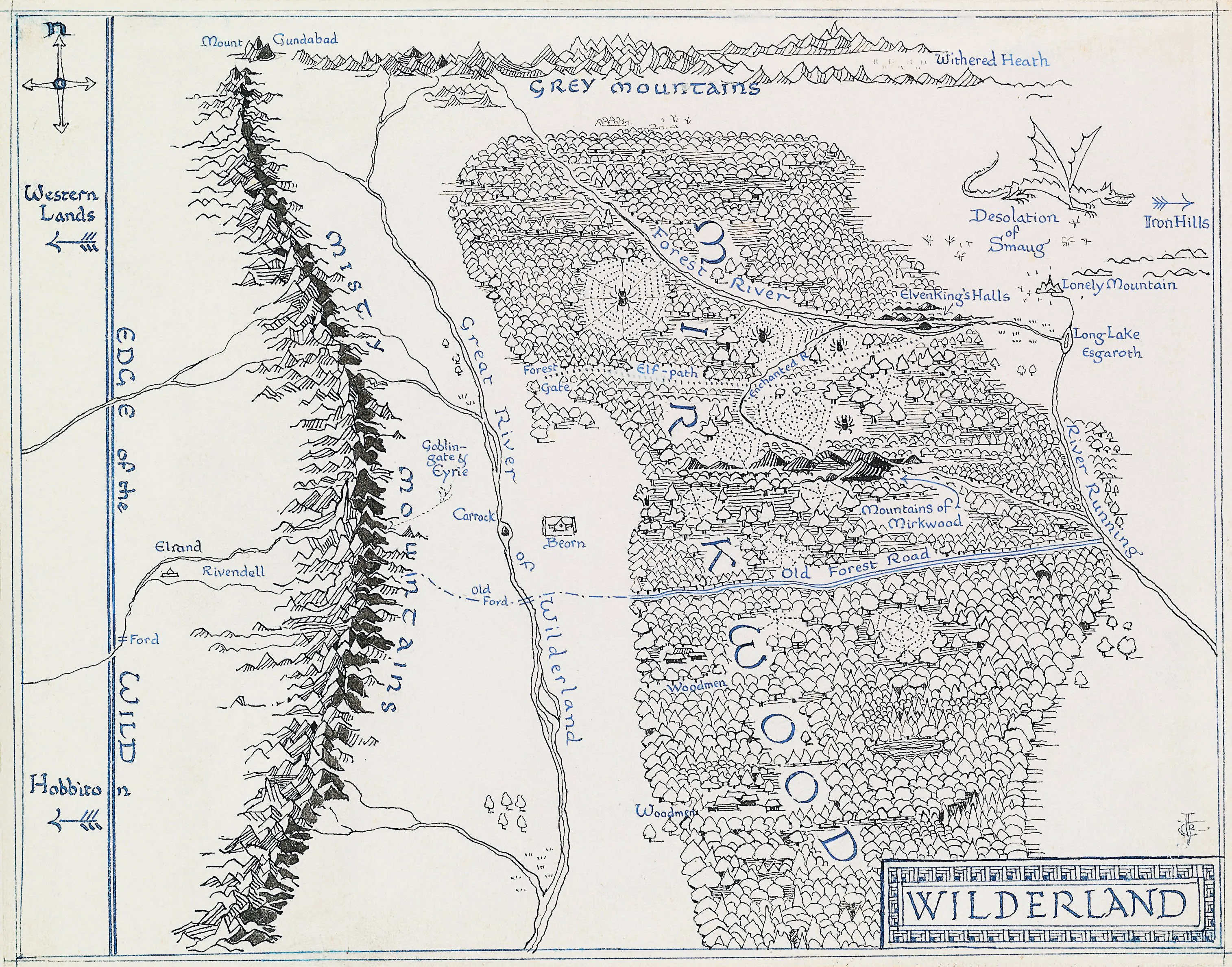 Carte des Terres Sauvages (Wilderland), par Christopher Tolkien, parue dans le roman Le Hobbit (The Hobbit), pour la première édition anglaise de 1937 chez Georges Allen and Unwin.
