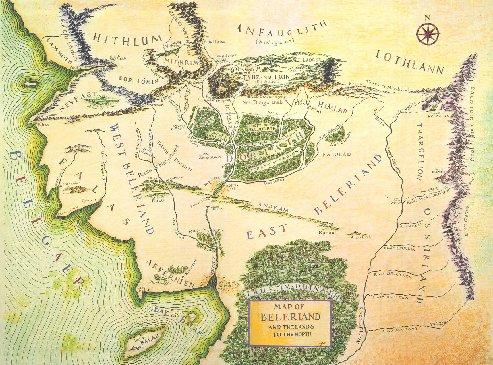 Carte du Beleriand, par Christopher Tolkien (version colorisée).