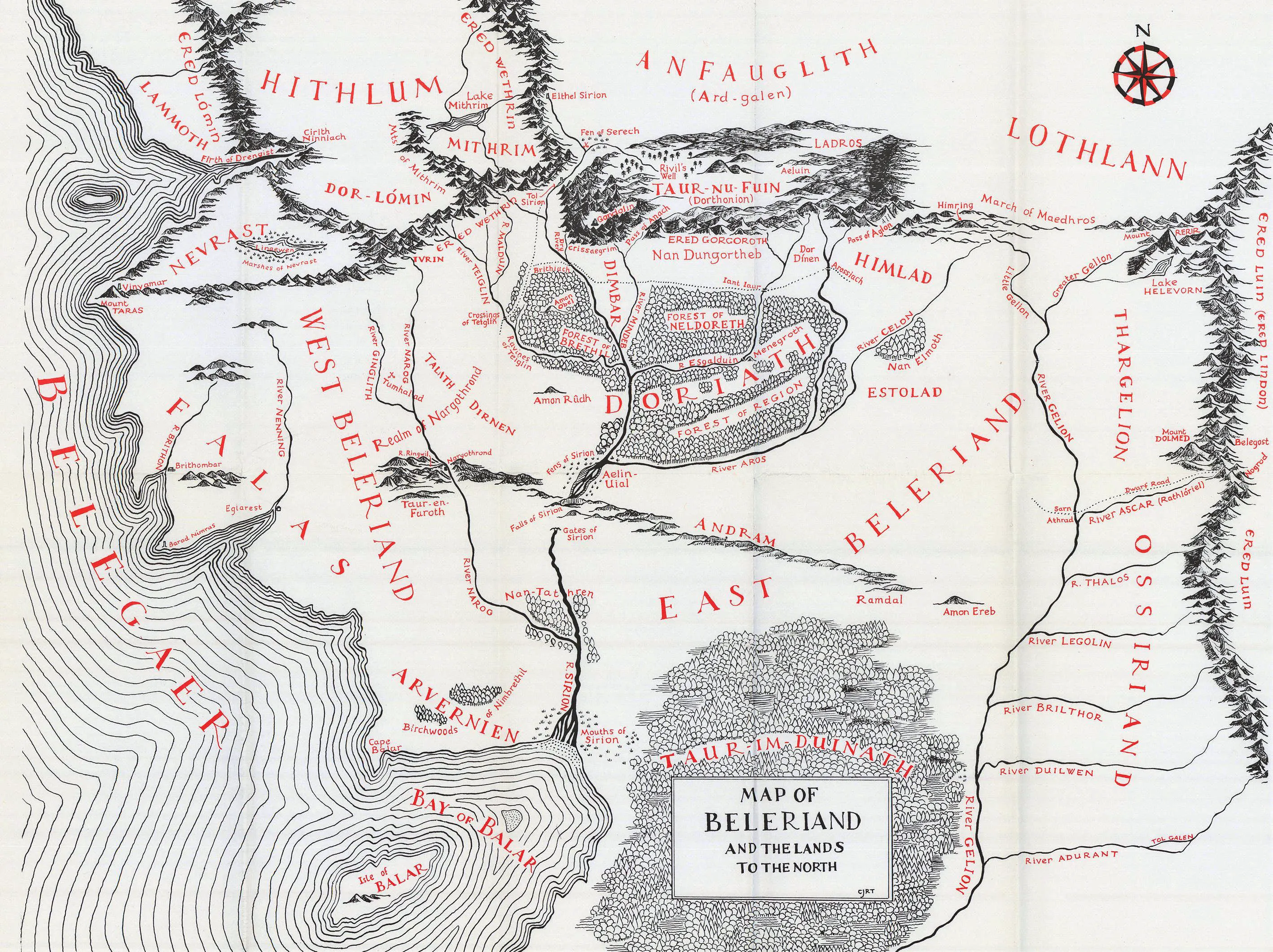 Carte du Beleriand, par Christopher Tolkien, parue dans le roman Le Silmarillion (The Silmarillion), pour la première édition anglaise de 1977 chez Georges Allen and Unwin.