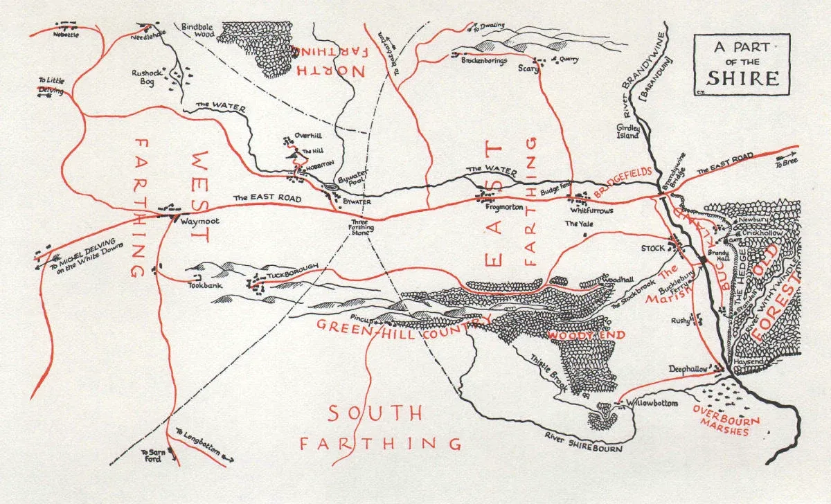 Carte d'Une partie du Comté (A part of the Shire), par Christopher Tolkien, parue dans le roman Le Hobbit (The Hobbit), pour la première édition anglaise de 1937 chez Georges Allen and Unwin.