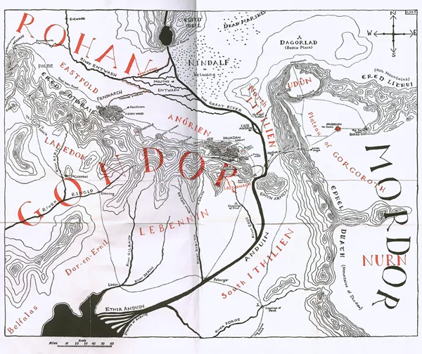 Carte du Gondor, par Christopher Tolkien, parue dans le roman Le Seigneur des Anneaux – Le Retour du Ro (The Lord of the Rings – The Return of the King), pour la première édition anglaise de 1955 chez Georges Allen and Unwin.