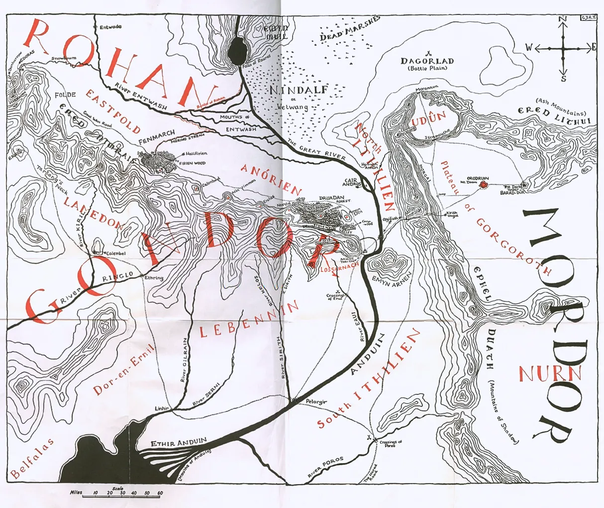 Carte du Gondor, par Christopher Tolkien, parue dans le roman Le Seigneur des Anneaux – Le Retour du Ro (The Lord of the Rings – The Return of the King), pour la première édition anglaise de 1955 chez Georges Allen and Unwin.