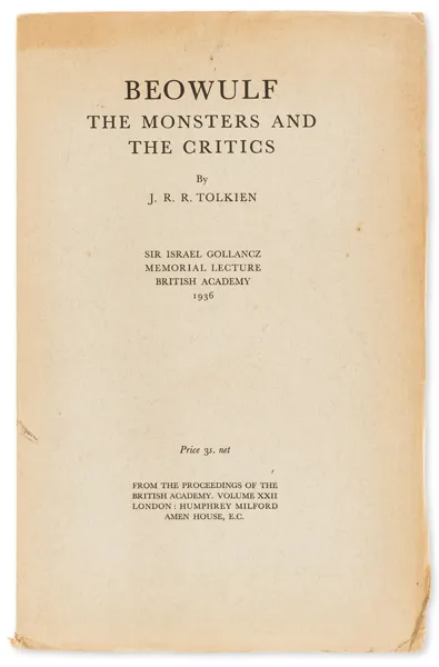 Édition originale de l'essai Beowulf: The Monsters and the Critics de John Ronald Reuel Tolkien. Première de couverture.