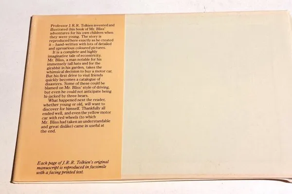 Édition originale du conte Mr. Bliss de John Ronald Reuel Tolkien. Jaquette (rabat de première de couverture).