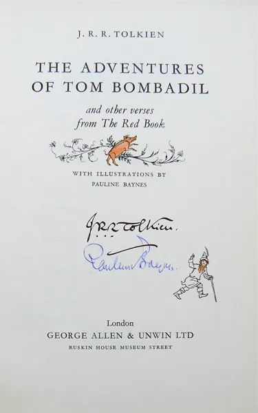 Édition originale du recueil de poèmes The Adventures of Tom Bombadil de John Ronald Reuel Tolkien. Page de titre (illustrée) et dédicace de Pauline Diana Baynes.