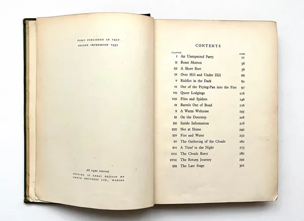 Édition originale du roman The Hobbit de John Ronald Reuel Tolkien. Colophon et sommaire.