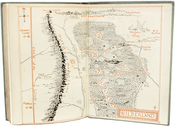 Édition originale du roman The Hobbit de John Ronald Reuel Tolkien. Carte des Terres Sauvages.