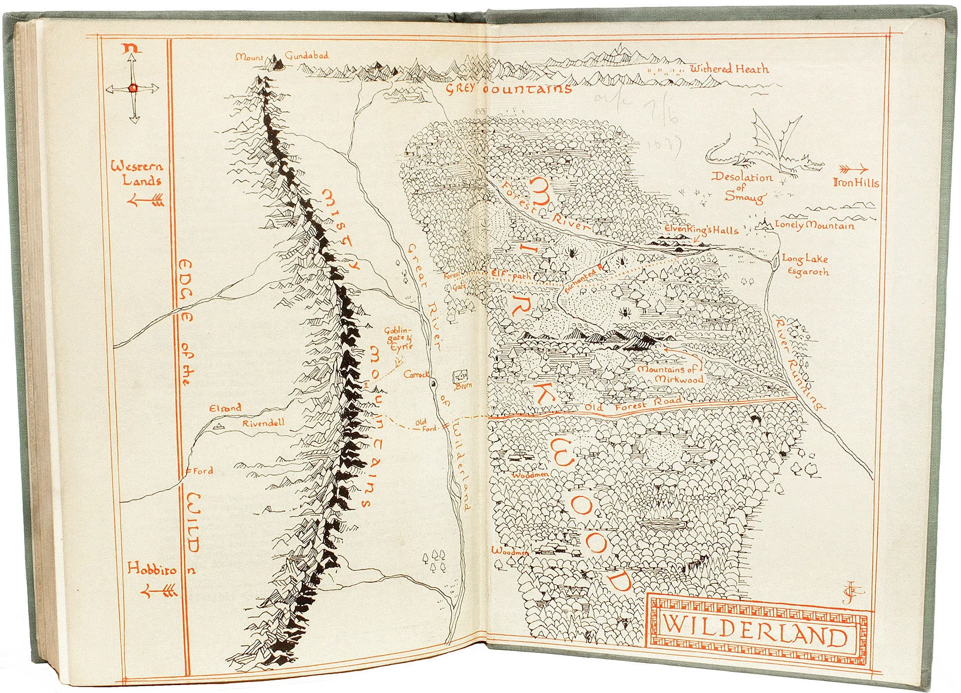 Édition originale du roman The Hobbit de John Ronald Reuel Tolkien. Carte des Terres Sauvages.