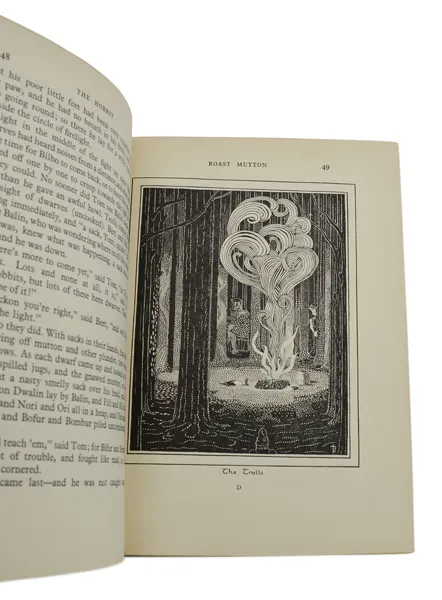 Édition originale du roman The Hobbit de John Ronald Reuel Tolkien. Illustration : The Trolls (page 49).