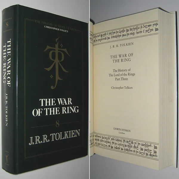 Édition originale du roman The War of the Ring, de John Ronald Reuel Tolkien. Jaquette (première de couverture et dos) et page de titre.