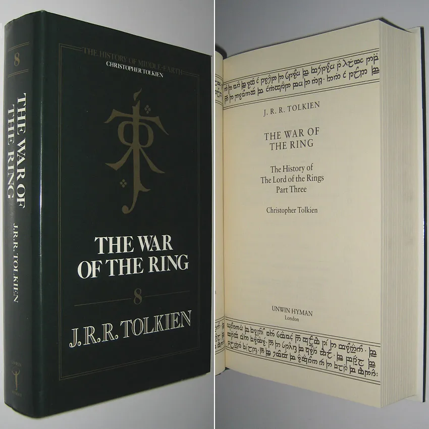 Édition originale du roman The War of the Ring, de John Ronald Reuel Tolkien. Jaquette (première de couverture et dos) et page de titre.
