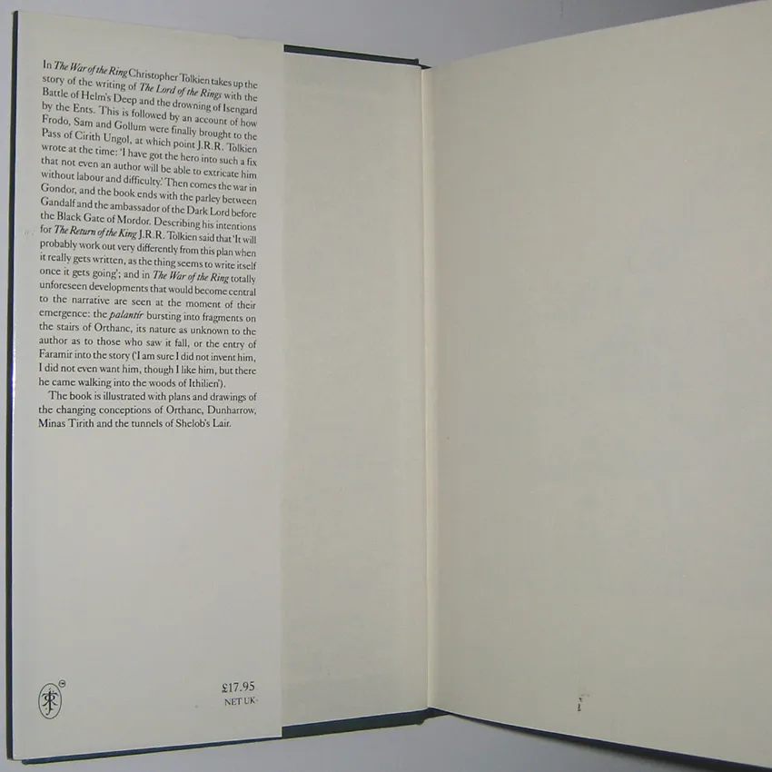 Édition originale du roman The War of the Ring, de John Ronald Reuel Tolkien. Jaquette (rabat de deuxième de couverture).