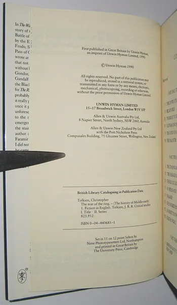 Édition originale du roman The War of the Ring, de John Ronald Reuel Tolkien. Colophon.