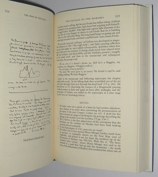 Édition originale du roman The War of the Ring, de John Ronald Reuel Tolkien. Page 114 (reproduction manuscrite) et page 115.