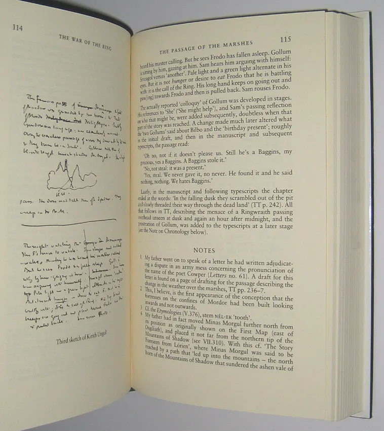 Édition originale du roman The War of the Ring, de John Ronald Reuel Tolkien. Page 114 (reproduction manuscrite) et page 115.