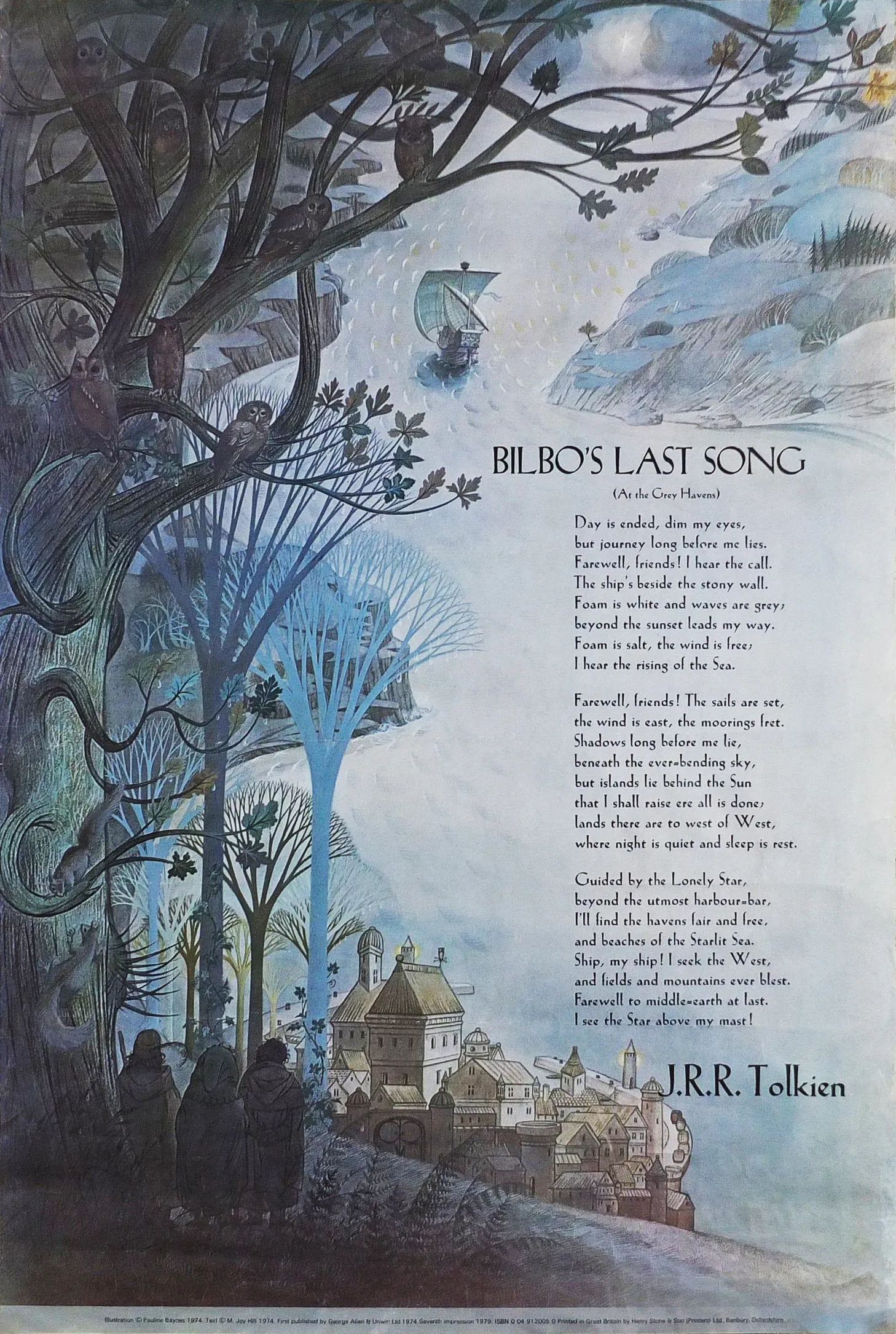 Illustration de Pauline Diana Baynes, pour l'édition anglaise de 1974 du poème de J.R.R. Tolkien L'Album de Bilbo le Hobbit (Bilbo's Last Song), publié par George Allen and Unwin.