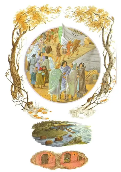 Illustration de Pauline Diana Baynes, pour l'édition anglaise de 1974 du poème de J.R.R. Tolkien L'Album de Bilbo le Hobbit (Bilbo's Last Song), publié par George Allen and Unwin.