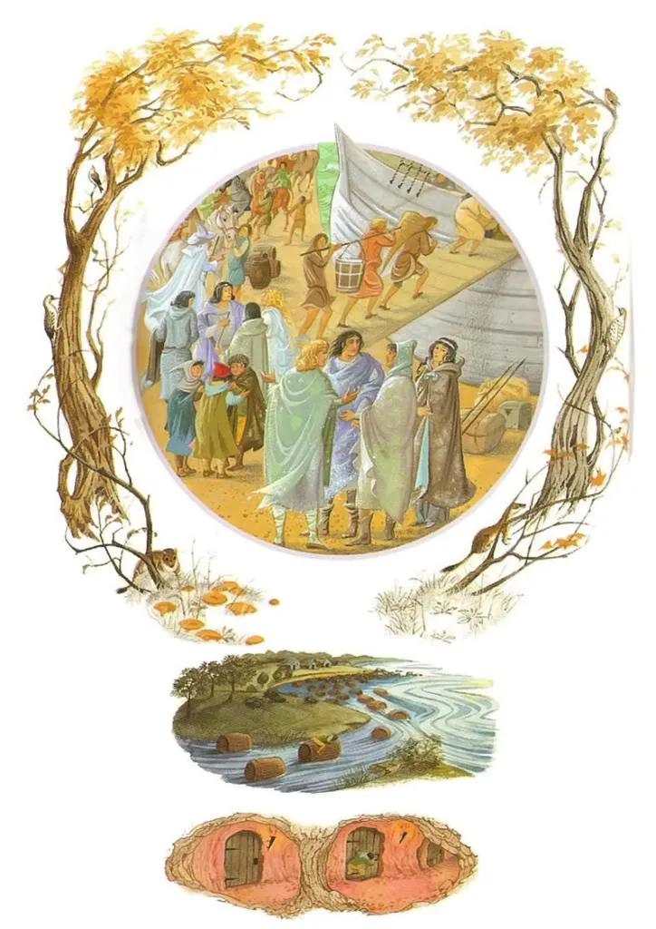 Illustration de Pauline Diana Baynes, pour l'édition anglaise de 1974 du poème de J.R.R. Tolkien L'Album de Bilbo le Hobbit (Bilbo's Last Song), publié par George Allen and Unwin.