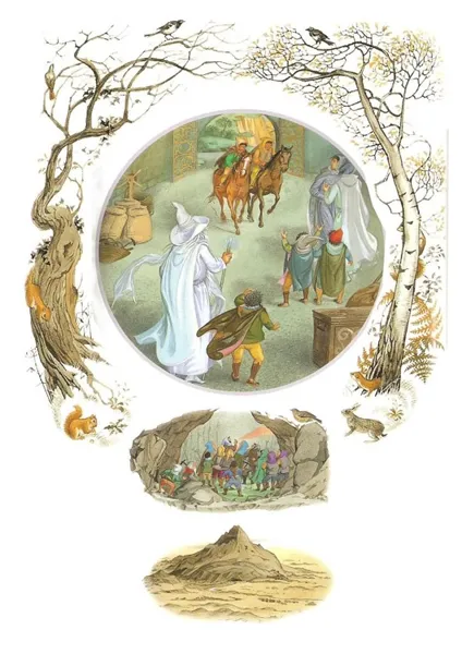 Illustration de Pauline Diana Baynes, pour l'édition anglaise de 1974 du poème de J.R.R. Tolkien L'Album de Bilbo le Hobbit (Bilbo's Last Song), publié par George Allen and Unwin.
