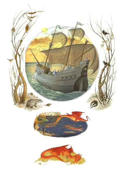 Illustration de Pauline Diana Baynes, pour l'édition anglaise de 1974 du poème de J.R.R. Tolkien L'Album de Bilbo le Hobbit (Bilbo's Last Song), publié par George Allen and Unwin.