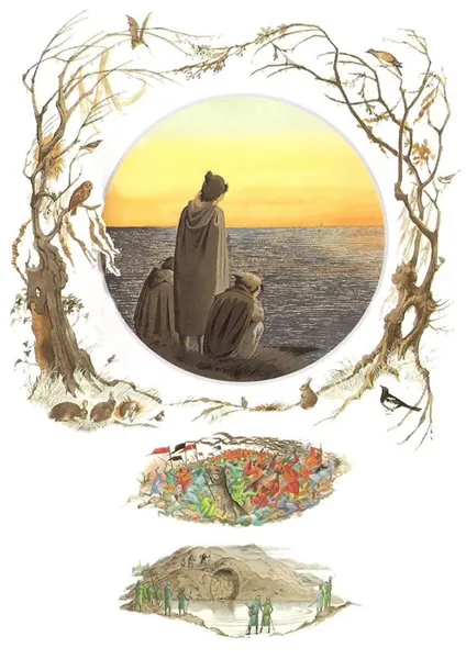 Illustration de Pauline Diana Baynes, pour l'édition anglaise de 1974 du poème de J.R.R. Tolkien L'Album de Bilbo le Hobbit (Bilbo's Last Song), publié par George Allen and Unwin.