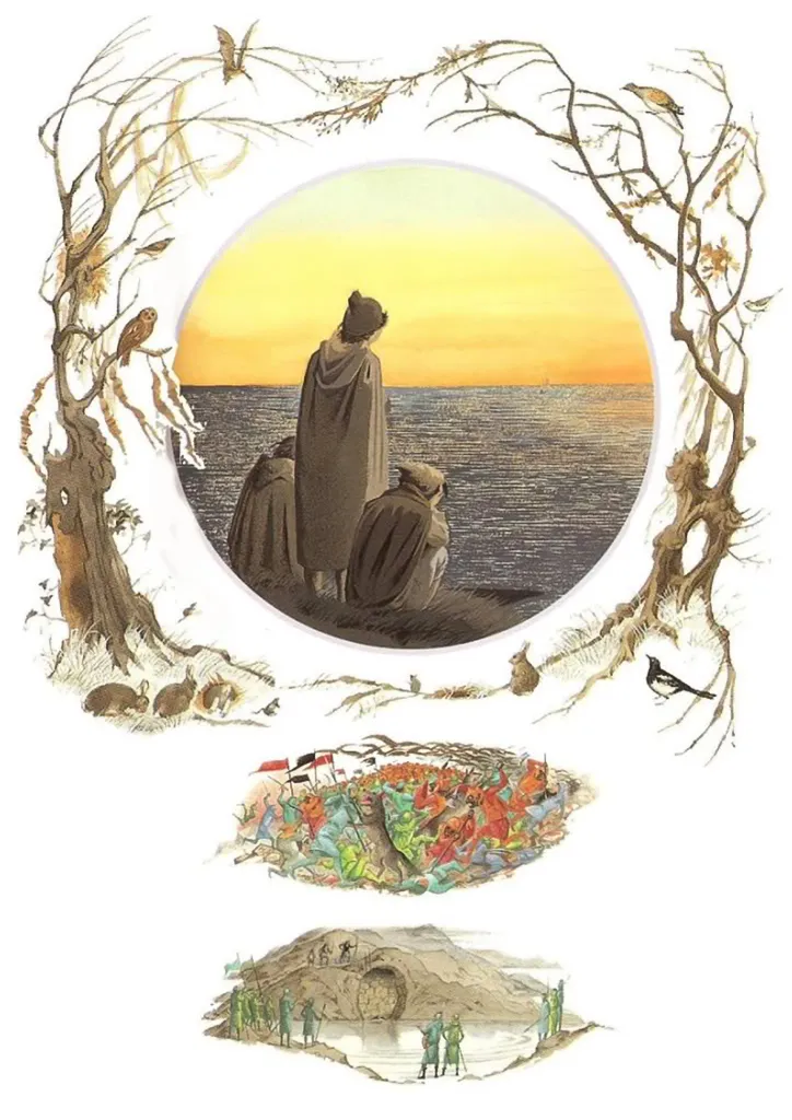 Illustration de Pauline Diana Baynes, pour l'édition anglaise de 1974 du poème de J.R.R. Tolkien L'Album de Bilbo le Hobbit (Bilbo's Last Song), publié par George Allen and Unwin.