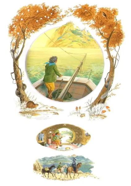 Illustration de Pauline Diana Baynes, pour l'édition anglaise de 1974 du poème de J.R.R. Tolkien L'Album de Bilbo le Hobbit (Bilbo's Last Song), publié par George Allen and Unwin.