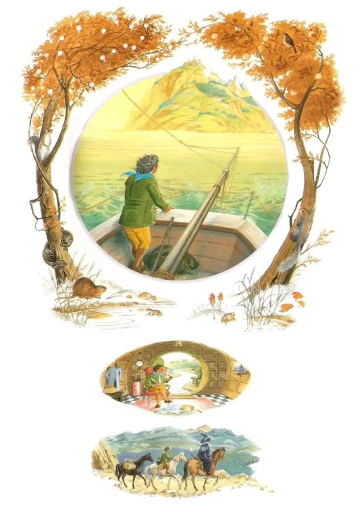 Illustration de Pauline Diana Baynes, pour l'édition anglaise de 1974 du poème de J.R.R. Tolkien L'Album de Bilbo le Hobbit (Bilbo's Last Song), publié par George Allen and Unwin.