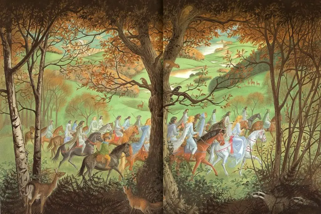 Illustration de Pauline Diana Baynes, pour l'édition anglaise de 1974 du poème de J.R.R. Tolkien L'Album de Bilbo le Hobbit (Bilbo's Last Song), publié par George Allen and Unwin.