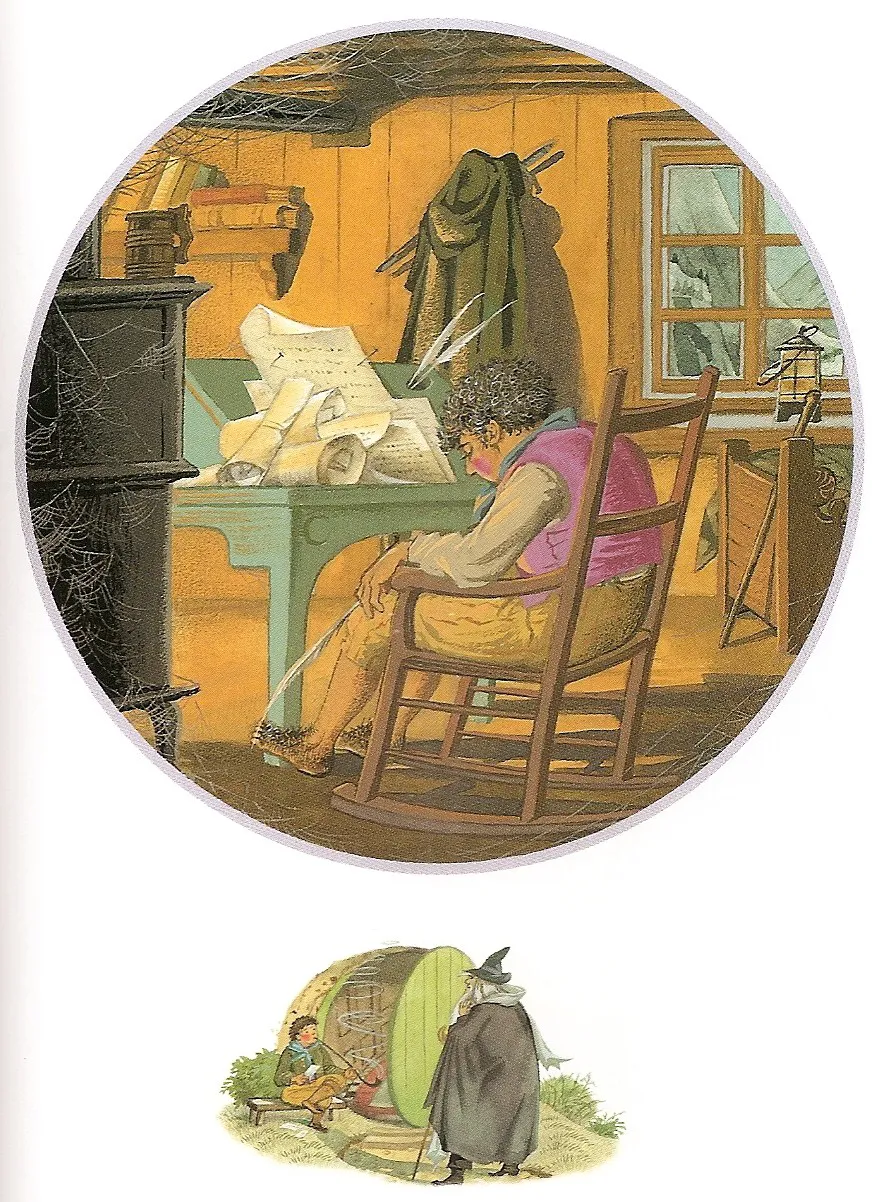 Illustration de Pauline Diana Baynes, pour l'édition anglaise de 1974 du poème de J.R.R. Tolkien L'Album de Bilbo le Hobbit (Bilbo's Last Song), publié par George Allen and Unwin.