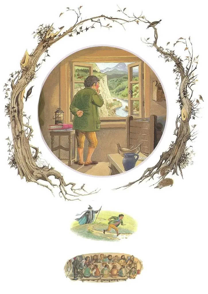 Illustration de Pauline Diana Baynes, pour l'édition anglaise de 1974 du poème de J.R.R. Tolkien L'Album de Bilbo le Hobbit (Bilbo's Last Song), publié par George Allen and Unwin.