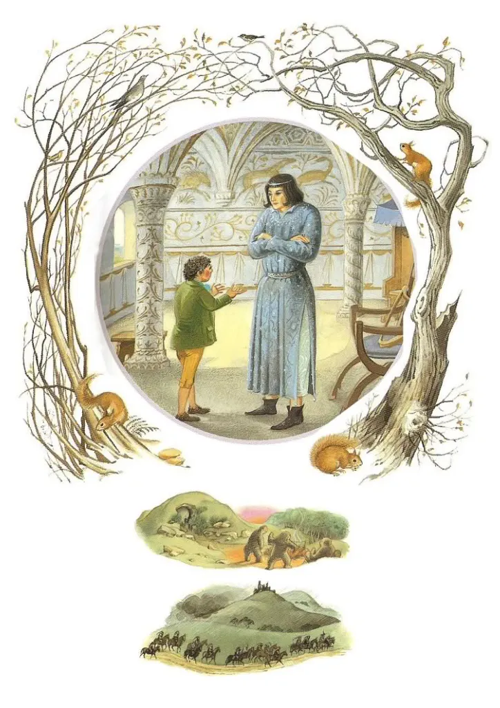 Illustration de Pauline Diana Baynes, pour l'édition anglaise de 1974 du poème de J.R.R. Tolkien L'Album de Bilbo le Hobbit (Bilbo's Last Song), publié par George Allen and Unwin.