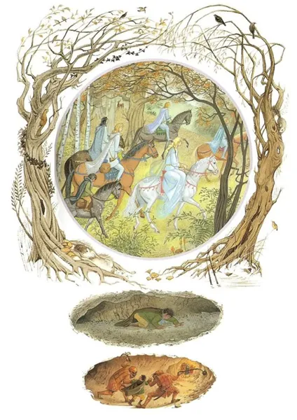 Illustration de Pauline Diana Baynes, pour l'édition anglaise de 1974 du poème de J.R.R. Tolkien L'Album de Bilbo le Hobbit (Bilbo's Last Song), publié par George Allen and Unwin.