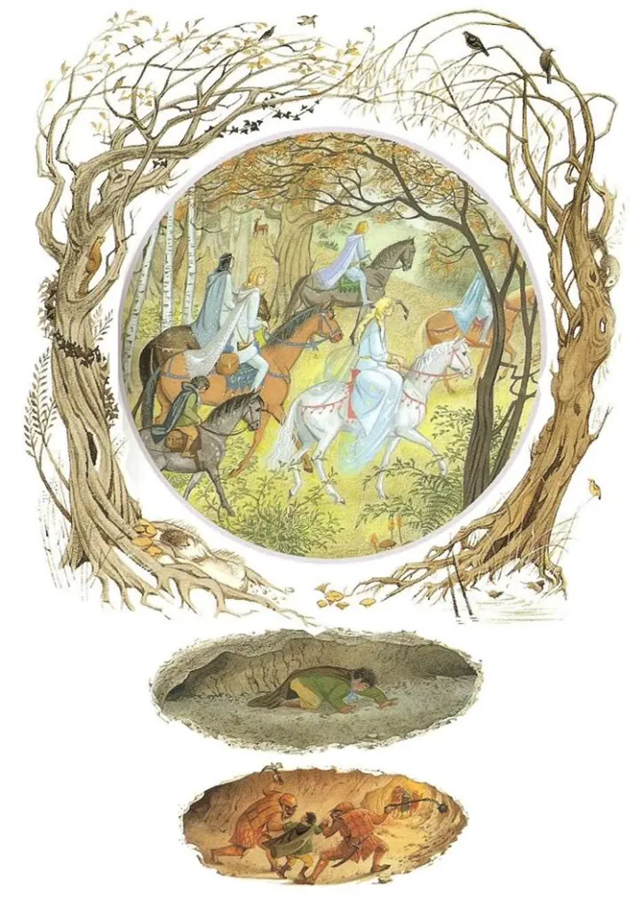 Illustration de Pauline Diana Baynes, pour l'édition anglaise de 1974 du poème de J.R.R. Tolkien L'Album de Bilbo le Hobbit (Bilbo's Last Song), publié par George Allen and Unwin.