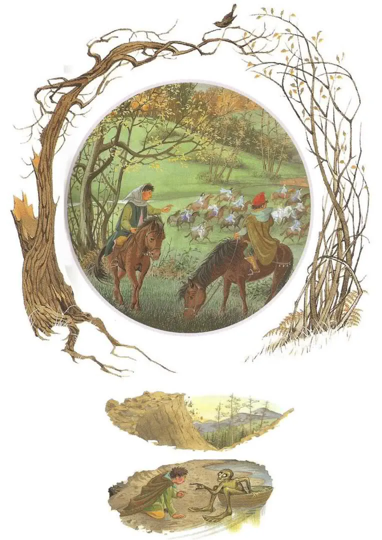 Illustration de Pauline Diana Baynes, pour l'édition anglaise de 1974 du poème de J.R.R. Tolkien L'Album de Bilbo le Hobbit (Bilbo's Last Song), publié par George Allen and Unwin.