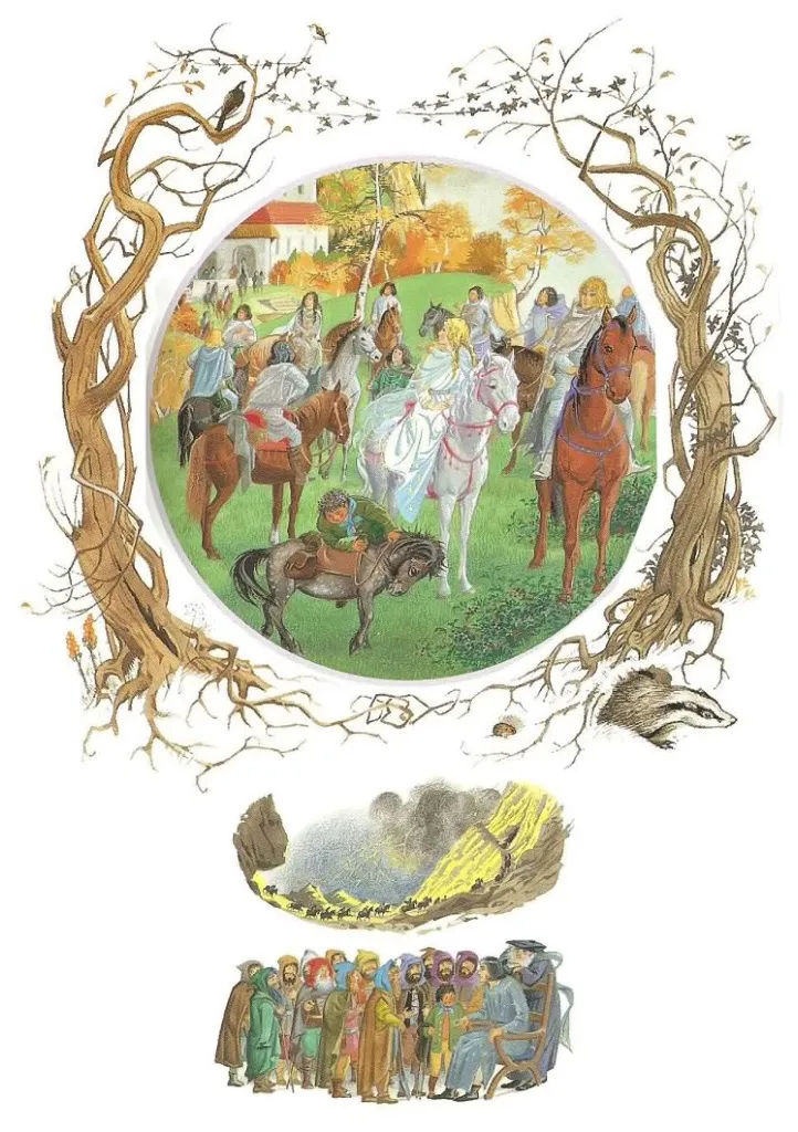 Illustration de Pauline Diana Baynes, pour l'édition anglaise de 1974 du poème de J.R.R. Tolkien L'Album de Bilbo le Hobbit (Bilbo's Last Song), publié par George Allen and Unwin.